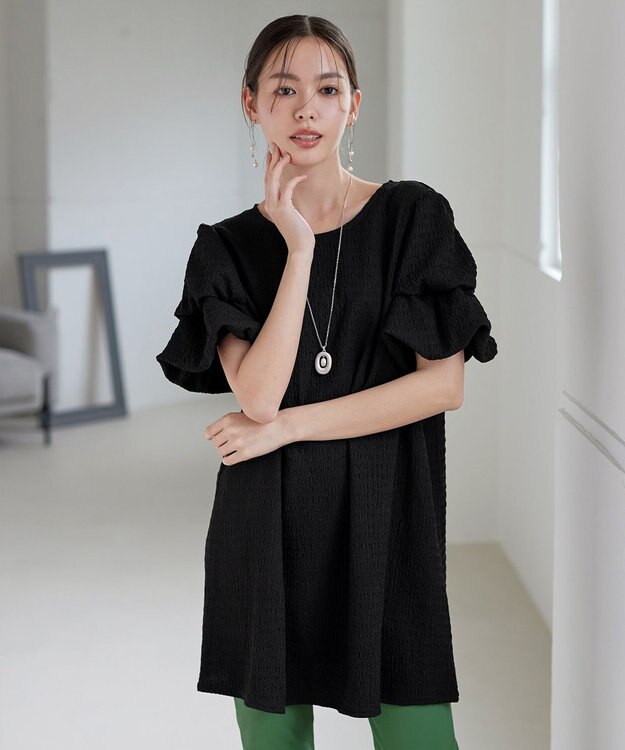 Tiaclasse 【洗える】変形バルーンスリーブカットソーチュニック ブラック