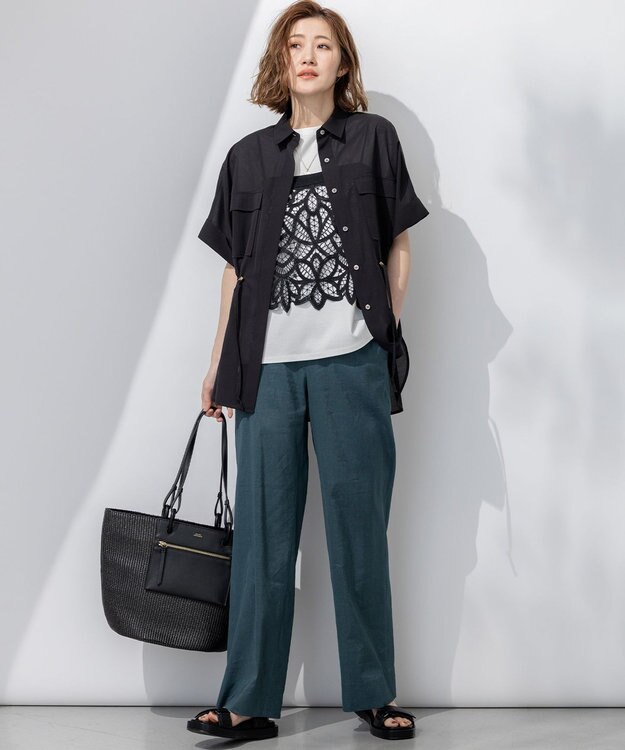 23区 【好評につき新色追加/汗じみ防止】エンブロイダリージャージー レースキャミソール付き カットソー ブラック系