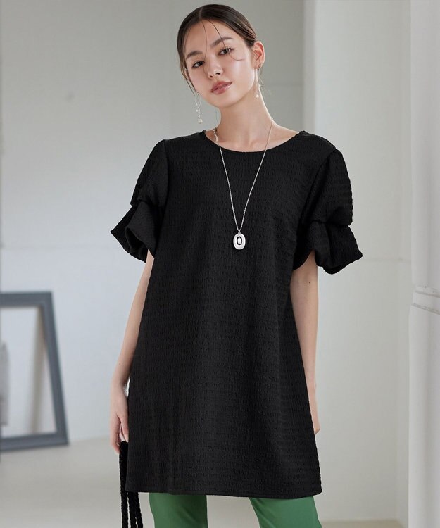 Tiaclasse 【洗える】変形バルーンスリーブカットソーチュニック ブラック