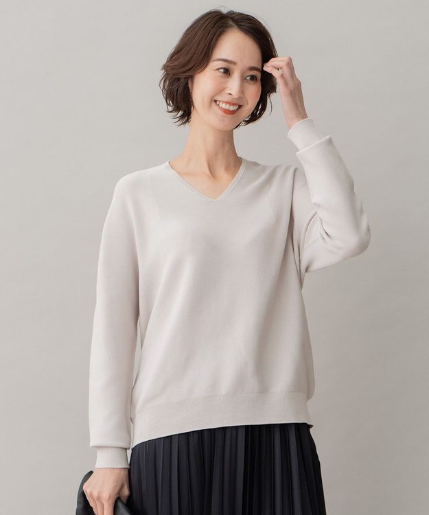 自由区 【洗える】コットンストレッチホールガーメント プルオーバーニット ライトグレー系