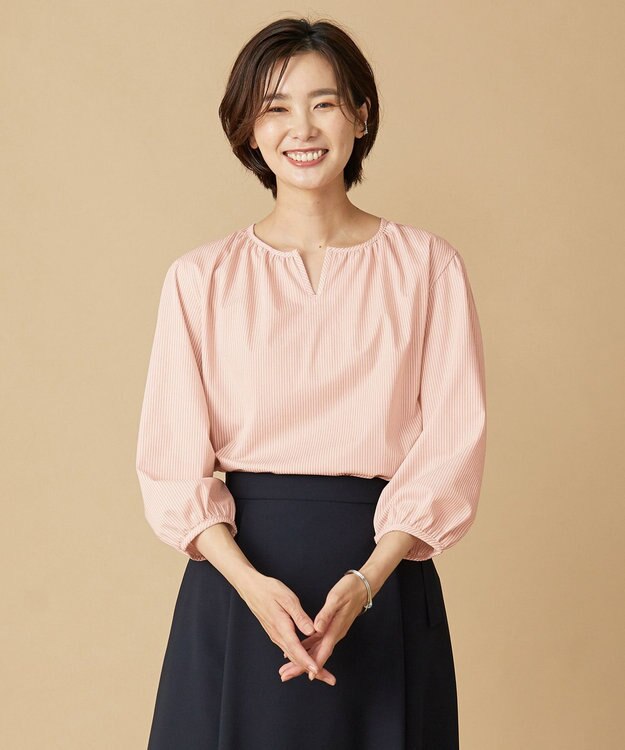 J.PRESS LADIES 【WEB限定カラーあり・洗える・イージーケア】 アーネストストライプ スリットネック カットソー ピンク系1