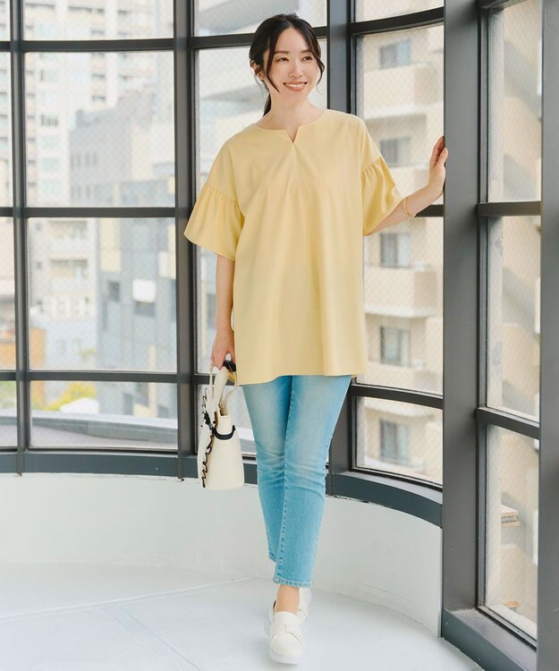 Tiaclasse 【洗える】キーネックフレア袖チュニックブラウス イエロー