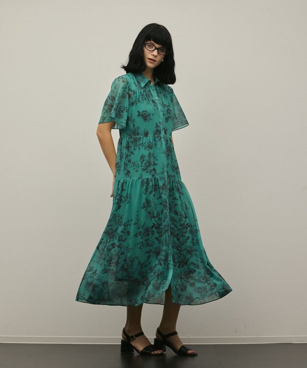 GRACE CONTINENTAL フラワープリントシャツフレアワンピース グリーン