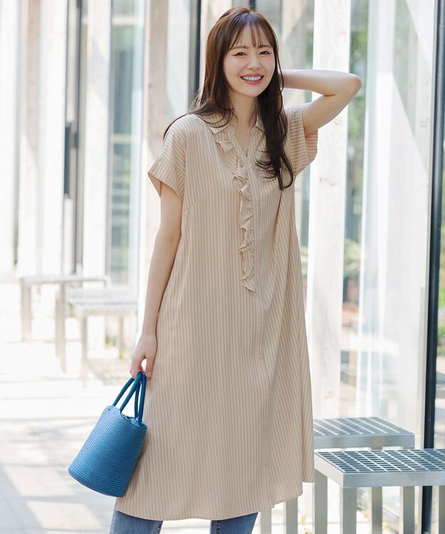 Tiaclasse L 【洗える】ストライプフリルシャツワンピース ベージュストライプ