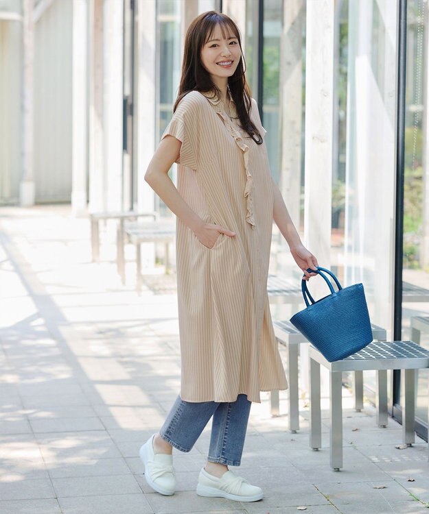 Tiaclasse L 【洗える】ストライプフリルシャツワンピース ベージュストライプ