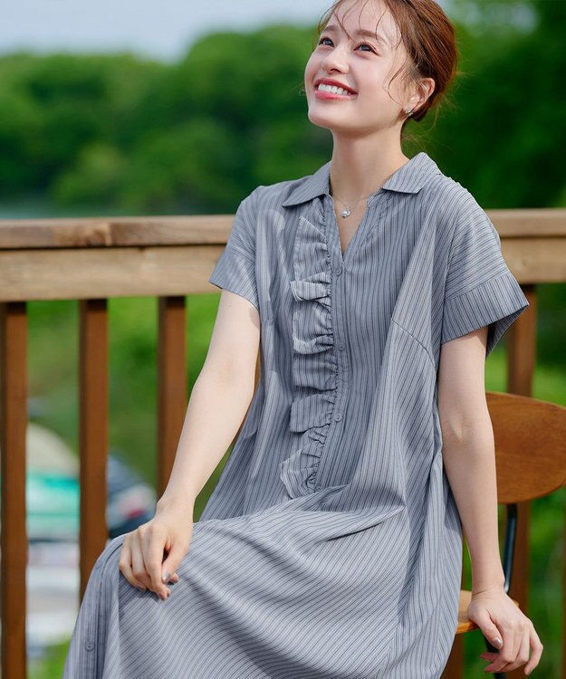 Tiaclasse L 【洗える】ストライプフリルシャツワンピース ネイビーストライプ