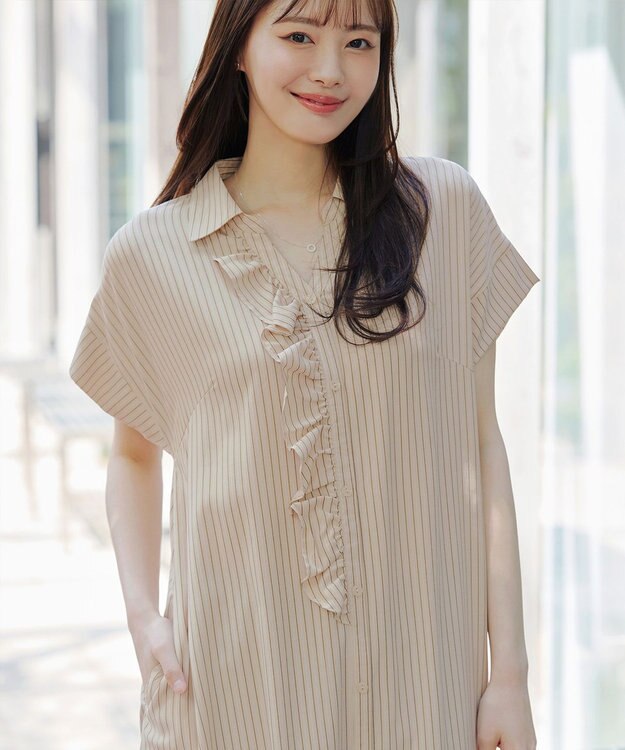 Tiaclasse L 【洗える】ストライプフリルシャツワンピース ベージュストライプ