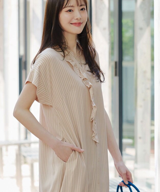 Tiaclasse L 【洗える】ストライプフリルシャツワンピース ベージュストライプ