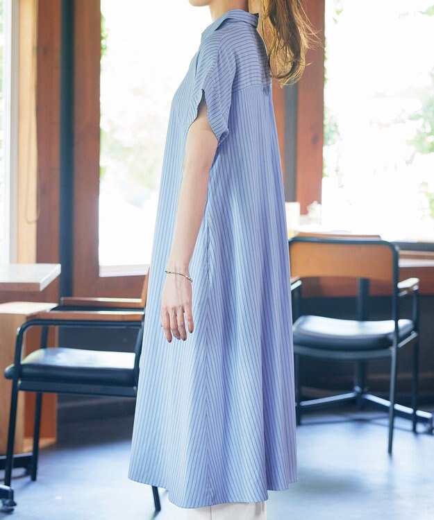 Tiaclasse L 【洗える】ストライプフリルシャツワンピース ブルーストライプ