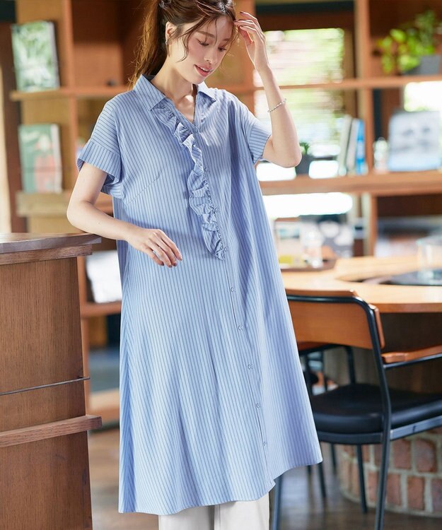 Tiaclasse L 【洗える】ストライプフリルシャツワンピース ブルーストライプ