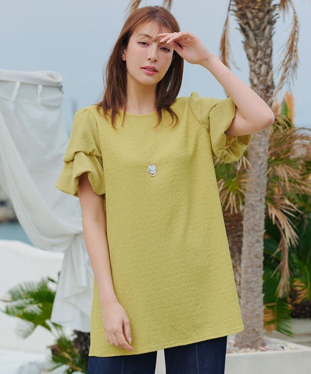 Tiaclasse 【洗える】変形バルーンスリーブカットソーチュニック ライム