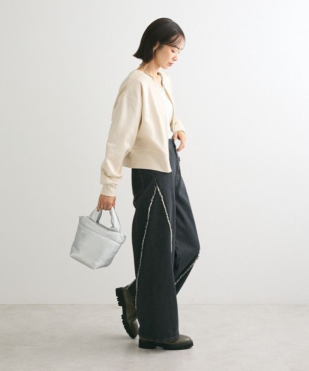 Green Parks サテンボンディングＺｉｐカーディガン Ecru