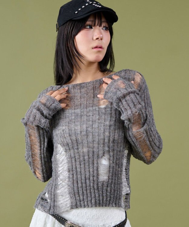 WEGO ダメージショートニット グレー