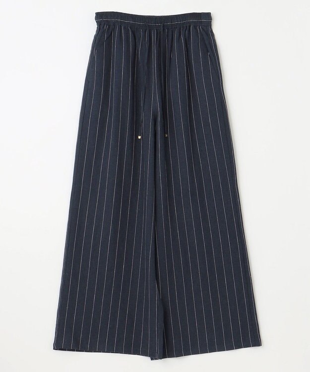 ANY 【ウエストゴム】リネンレーヨンワイドパンツ ネイビーストライプ