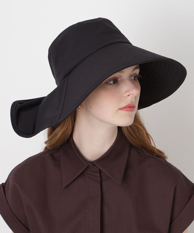 MOONBAT 【遮光100％/遮熱/UVカット】PAUL&JOE ACCESSOIRES(ポール&ジョー）後ろ垂れ 広つばハット 帽子 サイズ調整可能 手洗い可能 ブラック