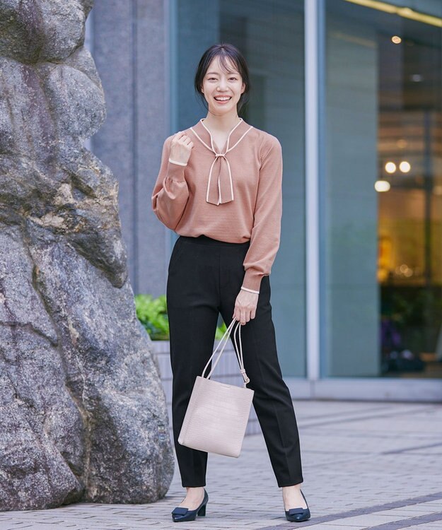 Tiaclasse 【洗える】パール付き配色ボウタイニットトップス ピンク