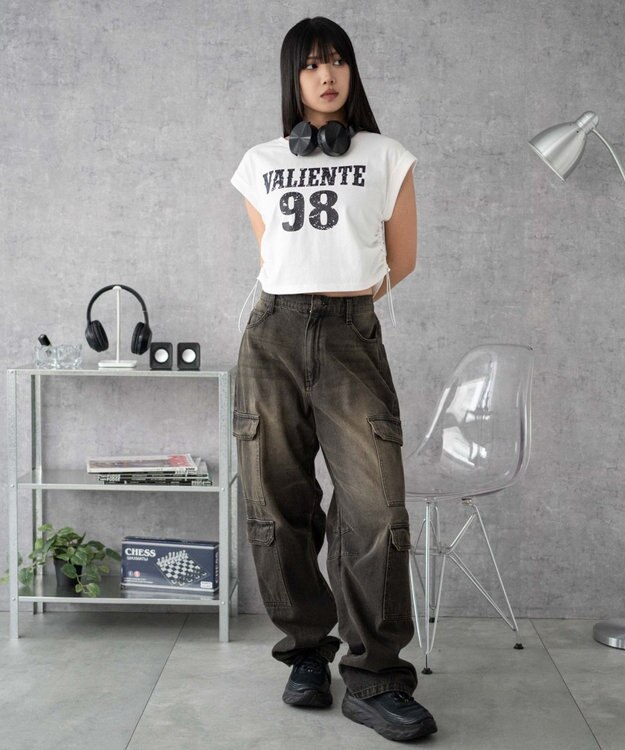 WEGO グラフィックノースリーブサイドドロストショートT ホワイト