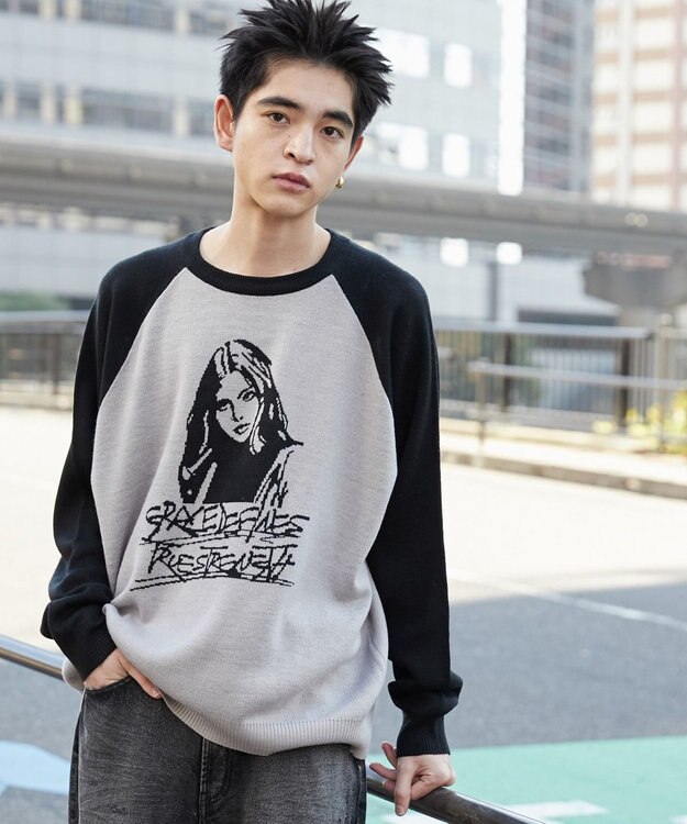 WEGO ラグランジャガードグラフィックプルオーバー ブラック