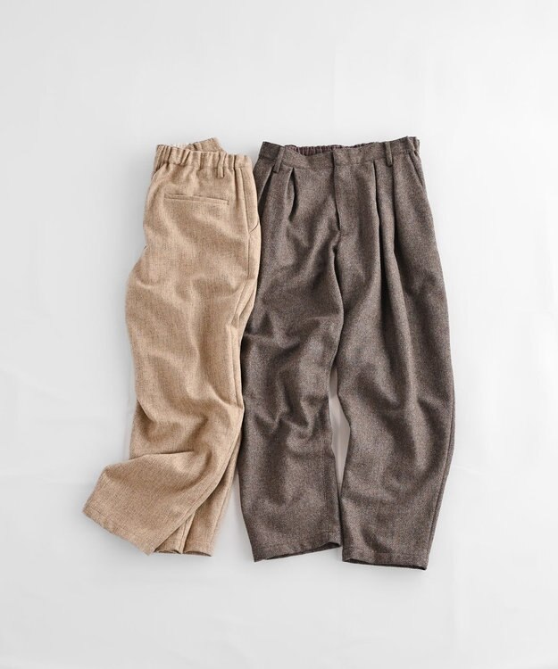 muuc 〈ロングシーズン心地良いウール混〉後ろウエストゴム有り ベルト裏にコットン使用 テーパードスラックスパンツ ブラウン