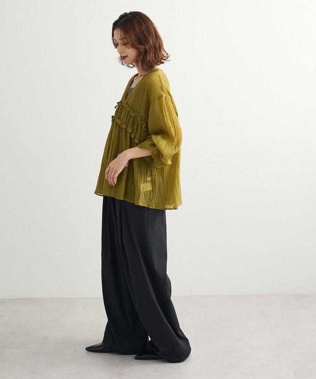Green Parks Ｖネックフリルシアープリーツブラウス Green