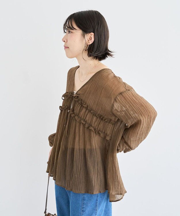 Green Parks Ｖネックフリルシアープリーツブラウス Brown