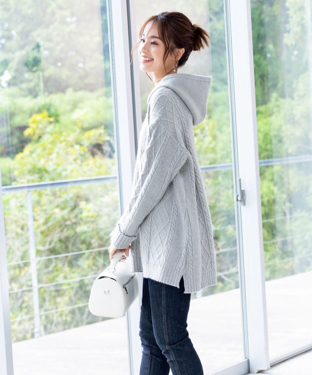 Tiaclasse 【洗える】アラン柄ニットパーカーチュニック グレー