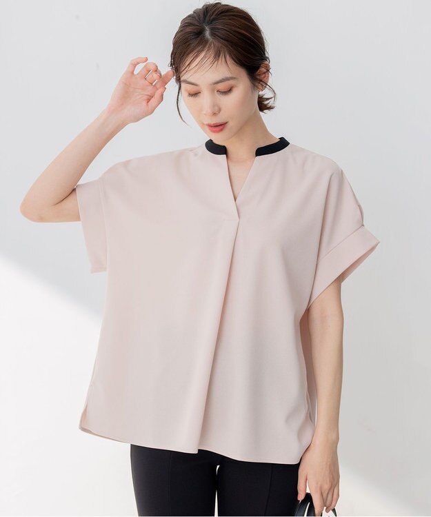 組曲 L 【洗える】バイカラージョーゼットスキッパー ブラウス ベージュ系