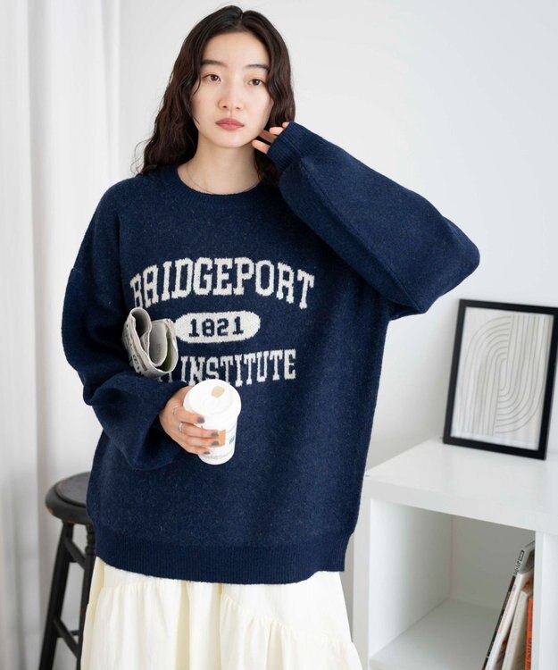 WEGO フラッフィーロゴジャガードニットプルオーバー ネイビー