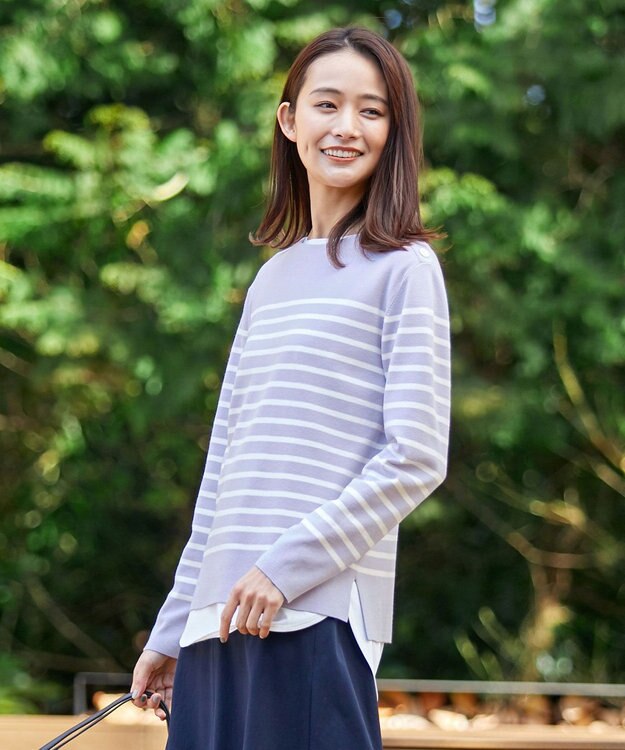 J.PRESS LADIES 【洗える】KATE パネルボーダー ボートネック ニット ふじ色系1