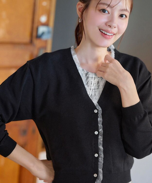 Tiaclasse 【洗える】オーガンジーラインカーディガン ブラック