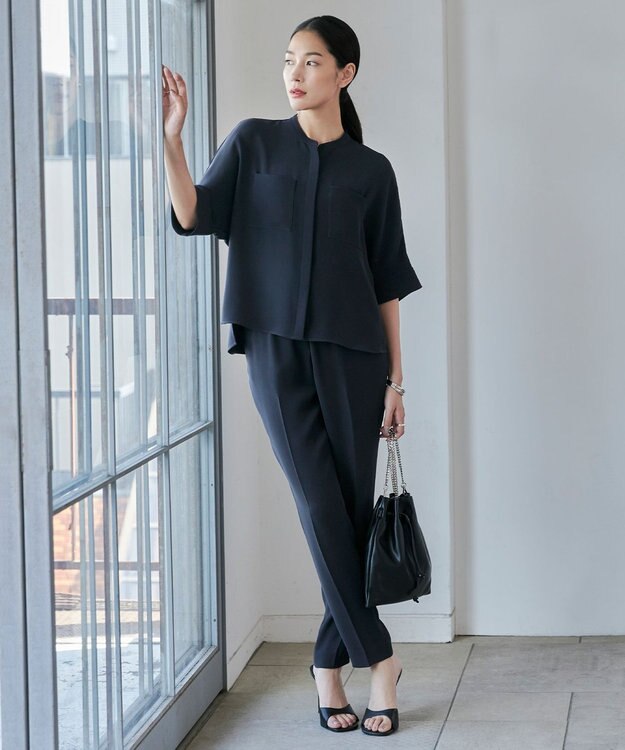 ICB L 【洗える】ライトダブルクロス クロップドシャツ ネイビー系