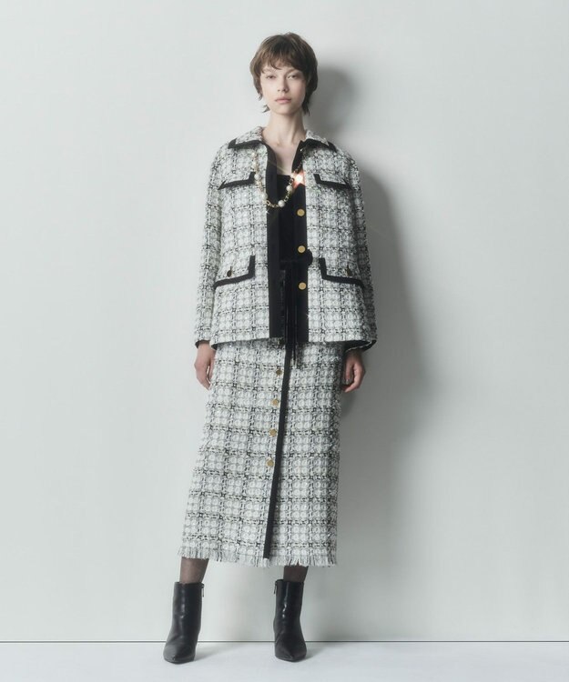 GRACE CONTINENTAL トリミングツイードショートコート ホワイト