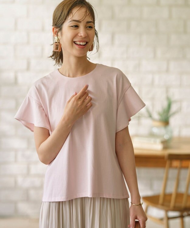 組曲 L 【UVケア・接触冷感】GIZAプレーティング天竺フリルスリーブ Tシャツ ピンク系