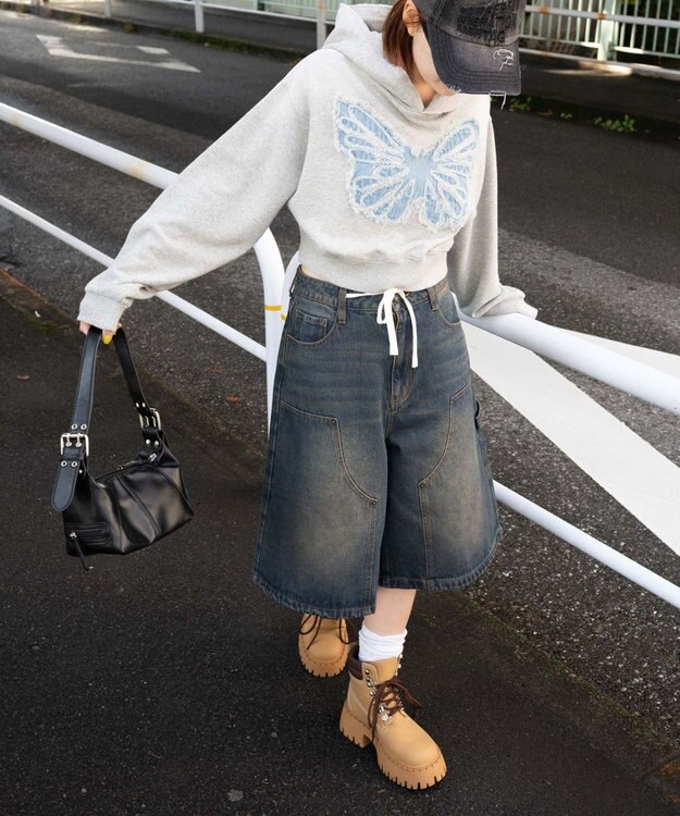 WEGO ヴィンテージウォッシュバタフライショートパーカー 杢グレー