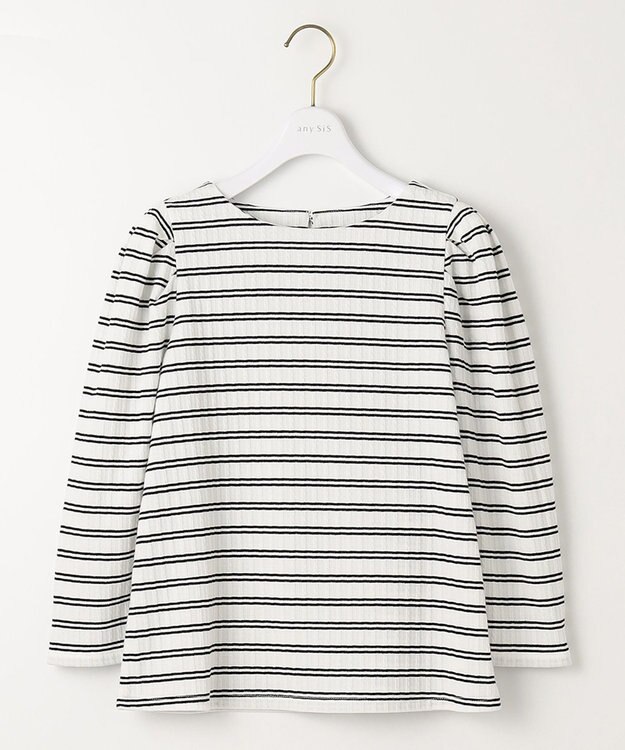 ANY SIS 【洗える】ミニケーブルジャカード プルオーバー オフ×ブラックボーダー