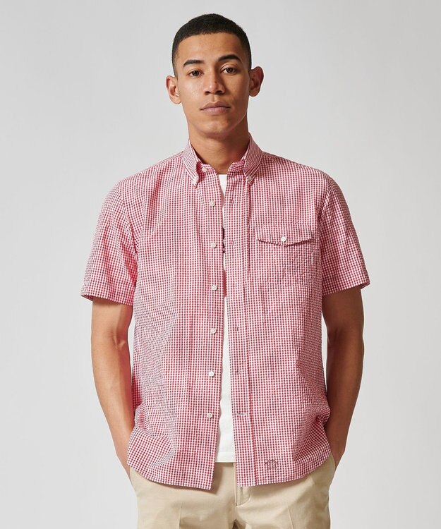 J.PRESS MEN オーガニックコットンサッカーギンガムチェックシャツ レッド系3