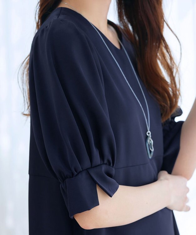 Tiaclasse L 【洗える】パフスリーブ切替フレアチュニック ネイビー