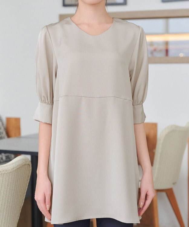 Tiaclasse L 【洗える】パフスリーブ切替フレアチュニック グレージュ