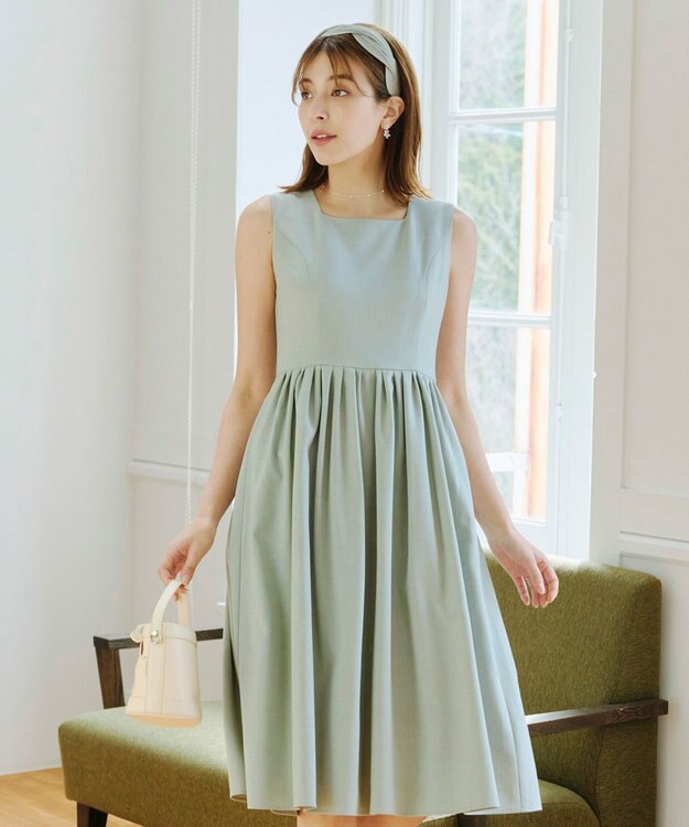 Tiaclasse 【洗える】麻調スクエアネックワンピース ミント