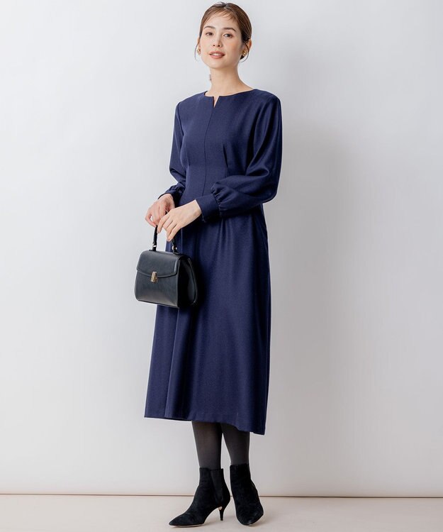 組曲 ウールジョーゼット スリットネックワンピース ネイビー系