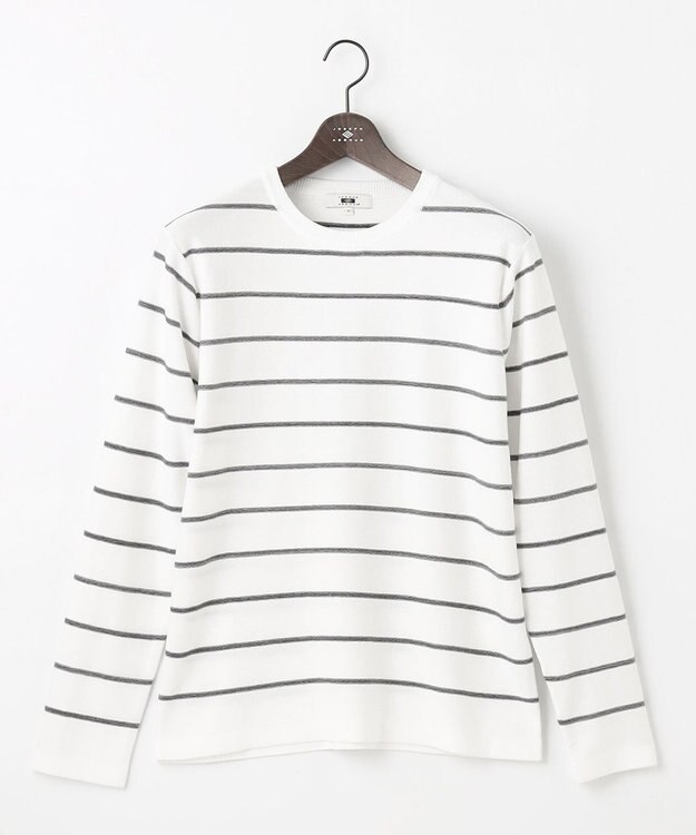 JOSEPH ABBOUD 【洗える】コットンカスリボーダー クルーネック ニット ホワイト系2