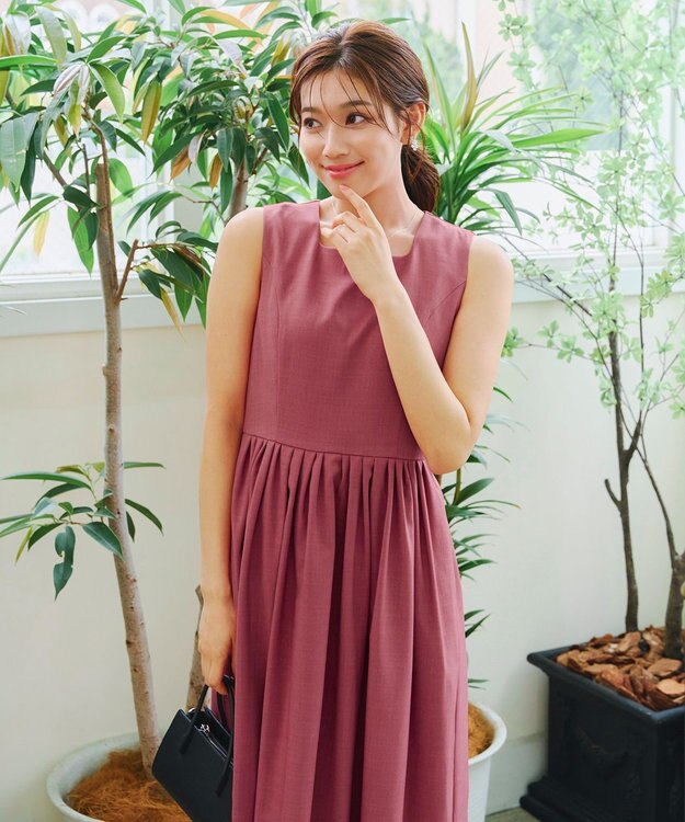 Tiaclasse 【洗える】麻調スクエアネックワンピース ピンク