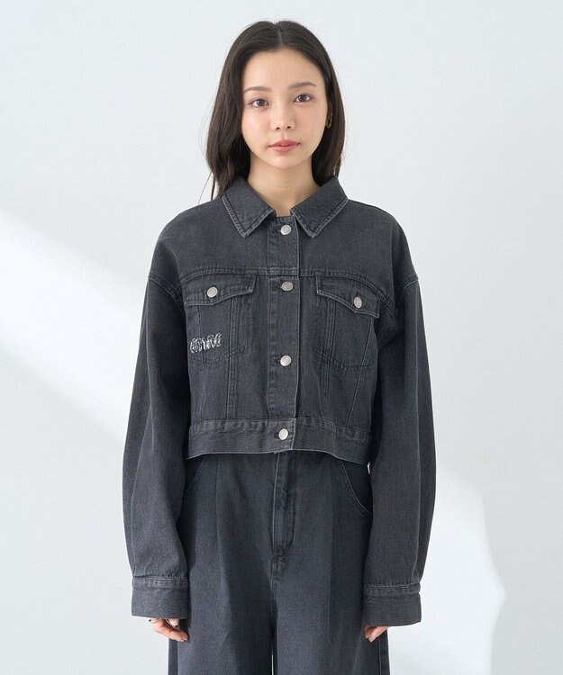 earth music&ecology フリンジロゴショート丈Ｇジャン Black