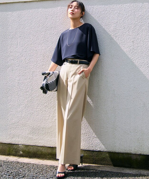 23区 L 【吸水速乾/UVカット/接触冷感】ストレッチジョーゼット  ケープデザイン カットソー ネイビー系