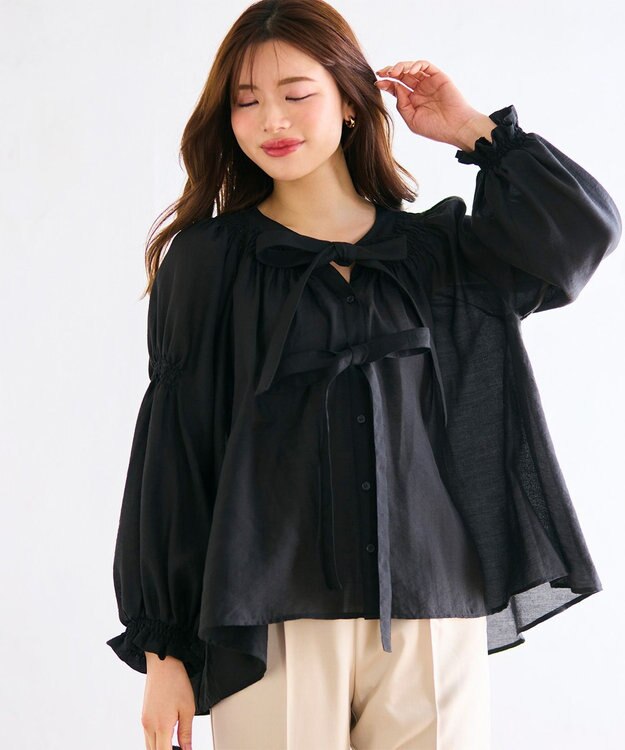 Feroux ダブルリボンシアー ブラウス ブラック系