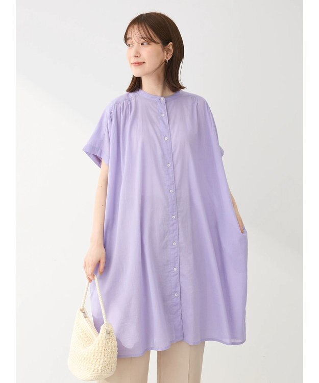 Green Parks インド綿　パイピングバンドカラーシャツチュニック Purple