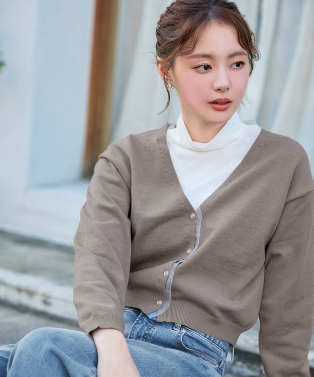 Tiaclasse 【洗える】オーガンジーラインカーディガン ベージュ