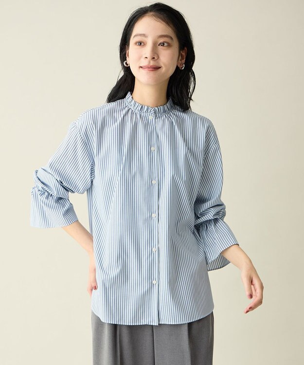 ANY L エニィファンクションハイネックブラウス ブルーストライプ