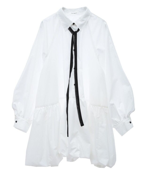 Green Parks ボウタイリボン付裾バルーンシャツワンピースⅡ Off White