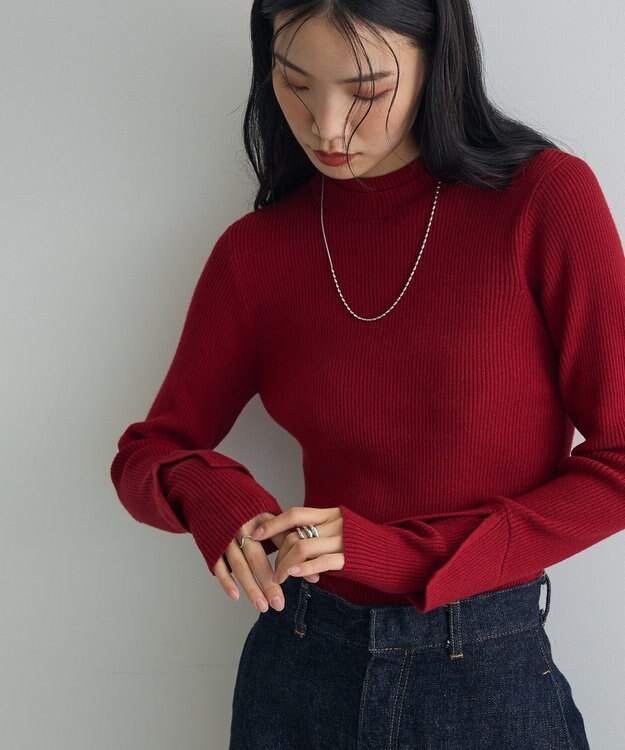 Green Parks ダブルカフスモックネック配色ニット Red